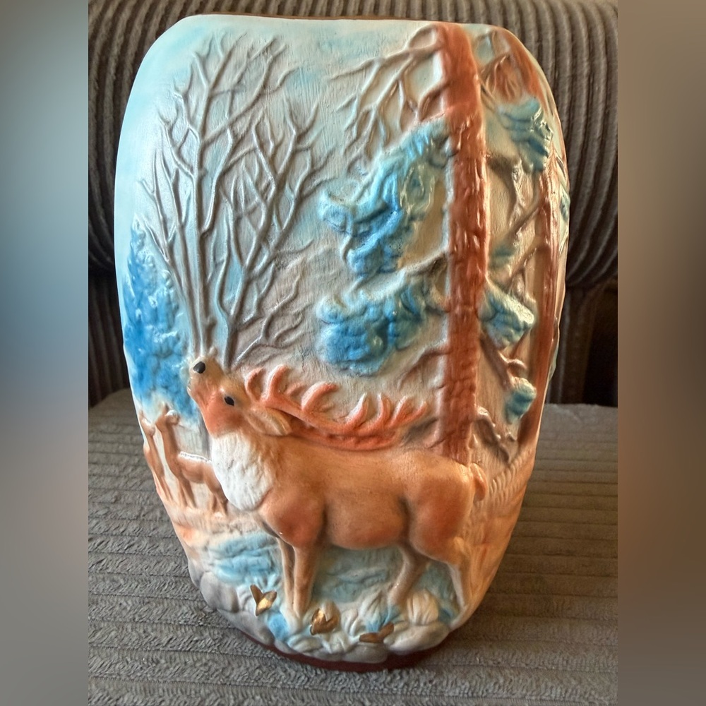 Vintage Moose Relief Vase in Cream, Blue, and Brown Elk 8” tall Handmade